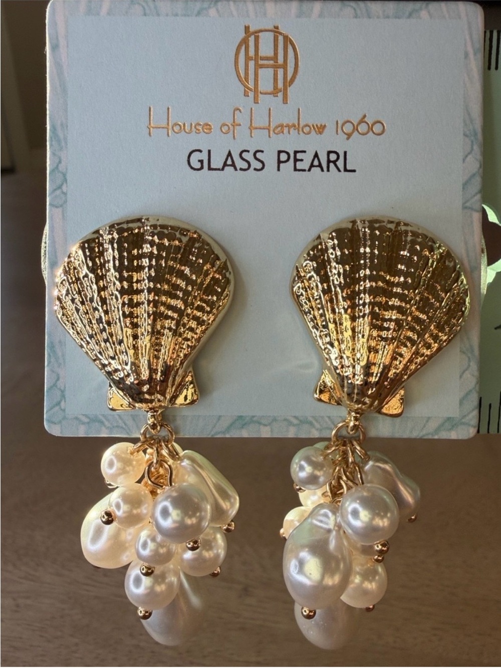 House of Harlow 1960 Gold Shell with Cream Glass Pearl Cluster Earrings